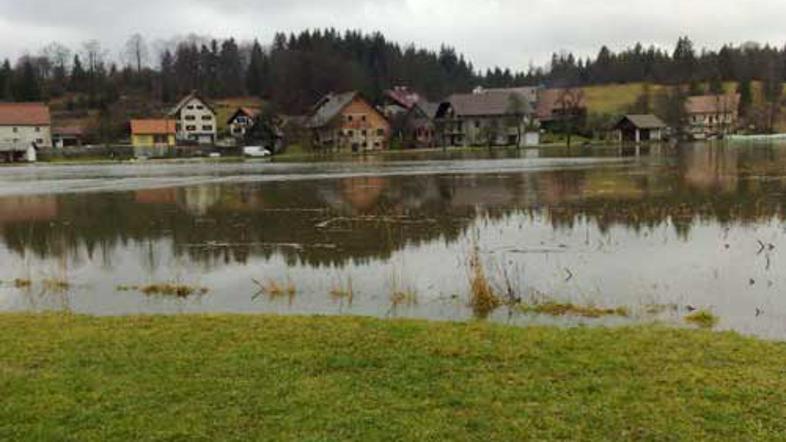 Poplavljenih je tudi nekaj travnikov, predvsem zaradi prepojene zemlje. (Foto: Ž