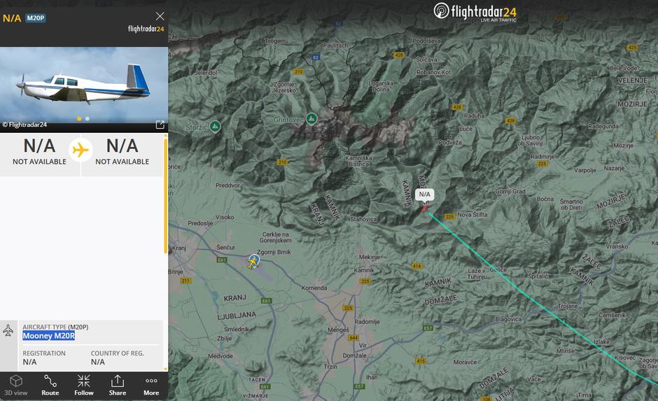 Izginulo letalo nad Veliko Planino | Avtor: Flight Radar 