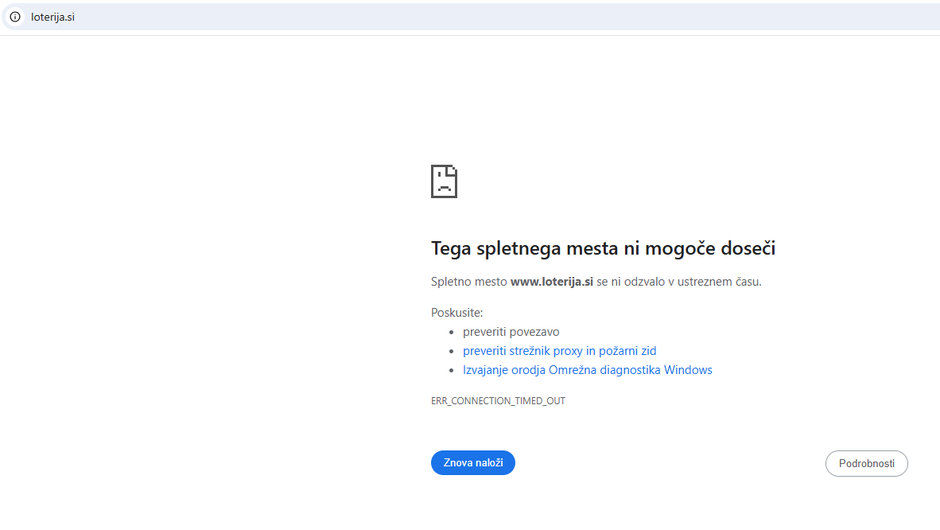 Nedelujoča stran Loterije Slovenije | Avtor: slika zaslona