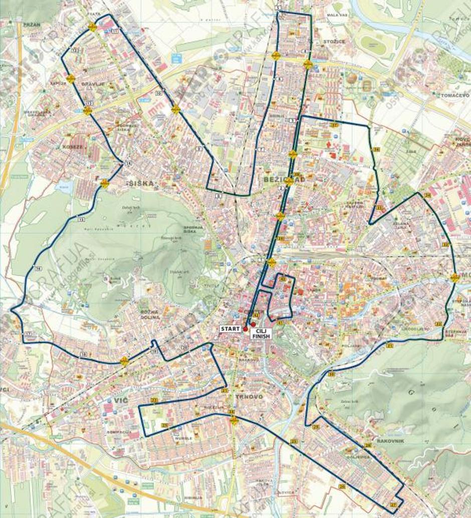 Trasa maratona z označenimi mesti za prečkanje | Avtor: MOL