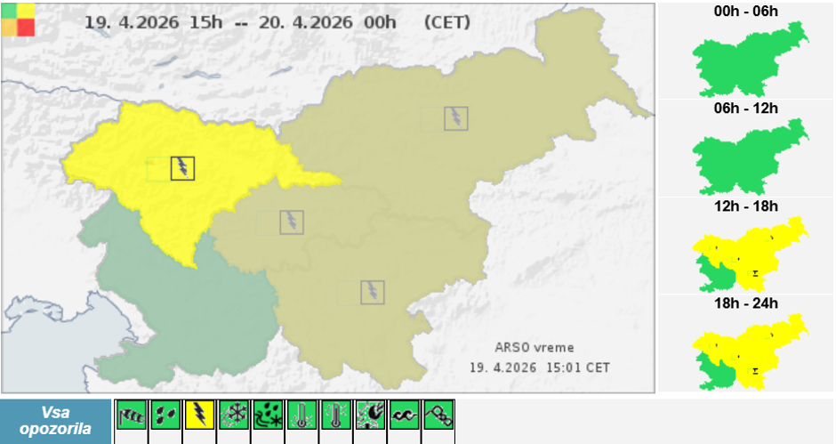 Rumeno opozorilo Arso za 19. 4. 2026 | Avtor: Arso
