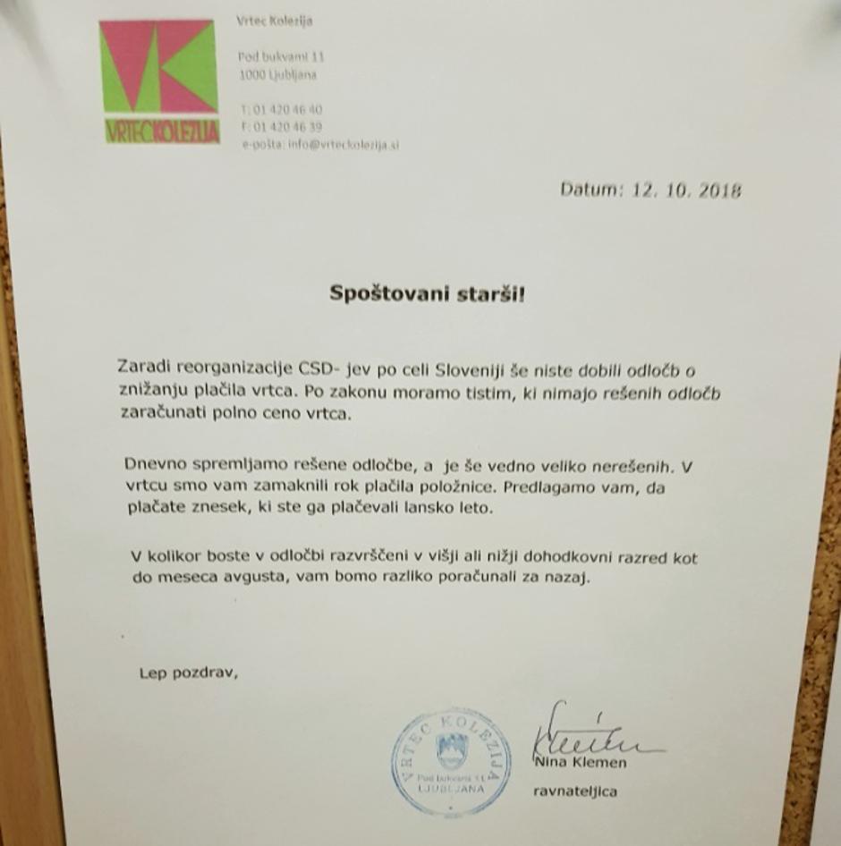 Obvestilo v vrtcu Kolezija | Avtor: Bralec