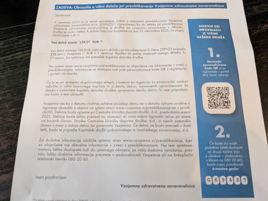 Obvestilo, ki ga je Vzajemna poslala nekdanjim zavarovancem | Avtor: Žurnal24 