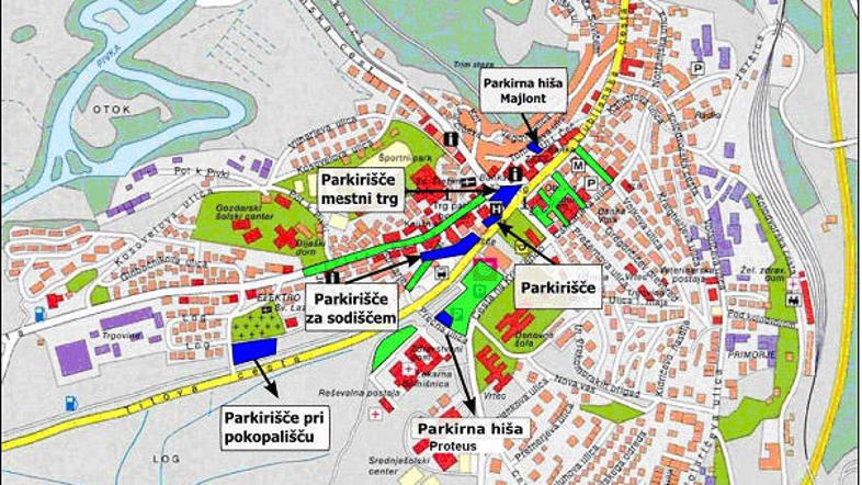 Predvideni novi parkirni prostori v centru Postojne v letih 2009 in 2010.