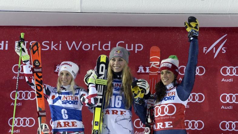 (od leve proti desni): Eva Maria-Brem, Lindsey Vonn in Federica Brignone